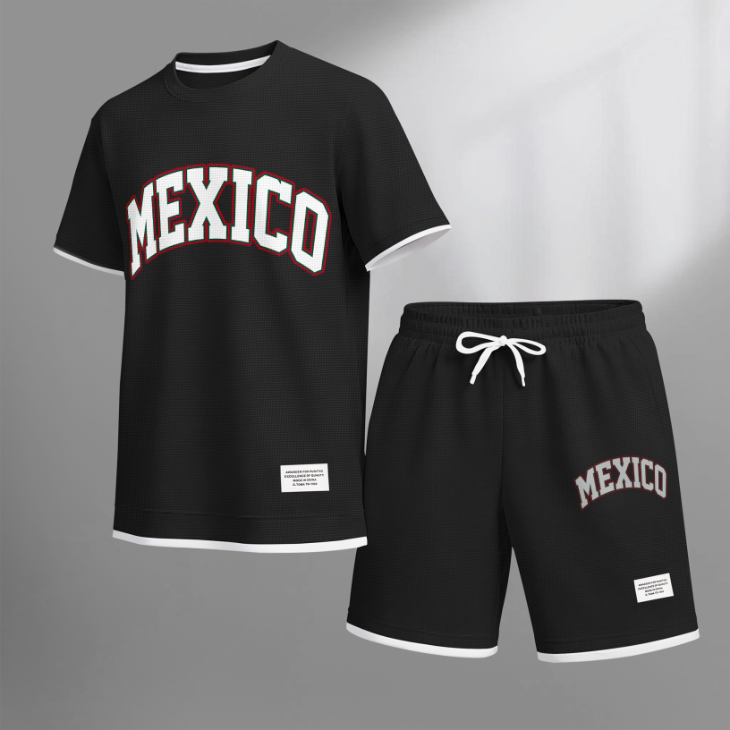 Men's Casual Style MEXICO Print Waffle Fabric Short-Sleeved Shirt And Shorts Set