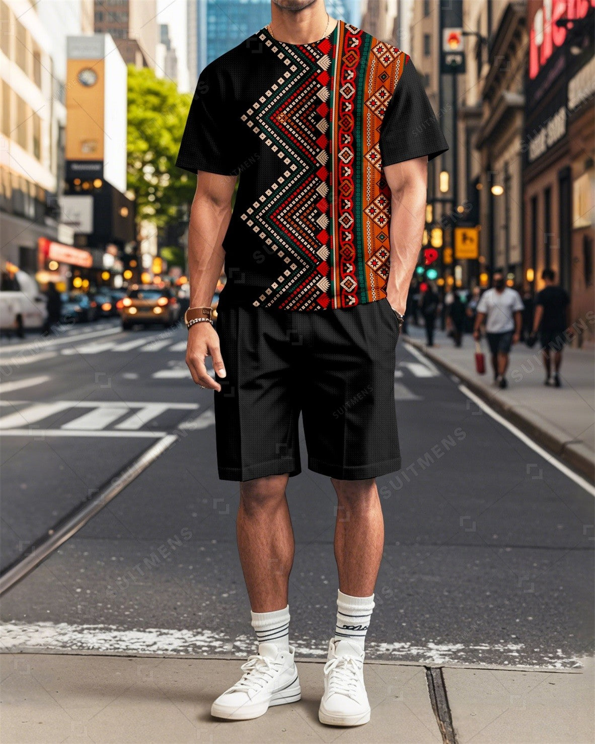 Men's Vintage Geometric Printed Summer Round Neck Set 2004