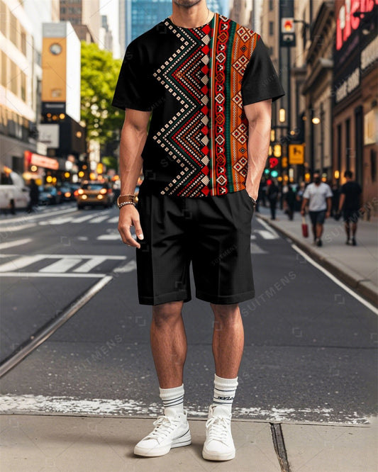 Men's Vintage Geometric Printed Summer Round Neck Set 2004