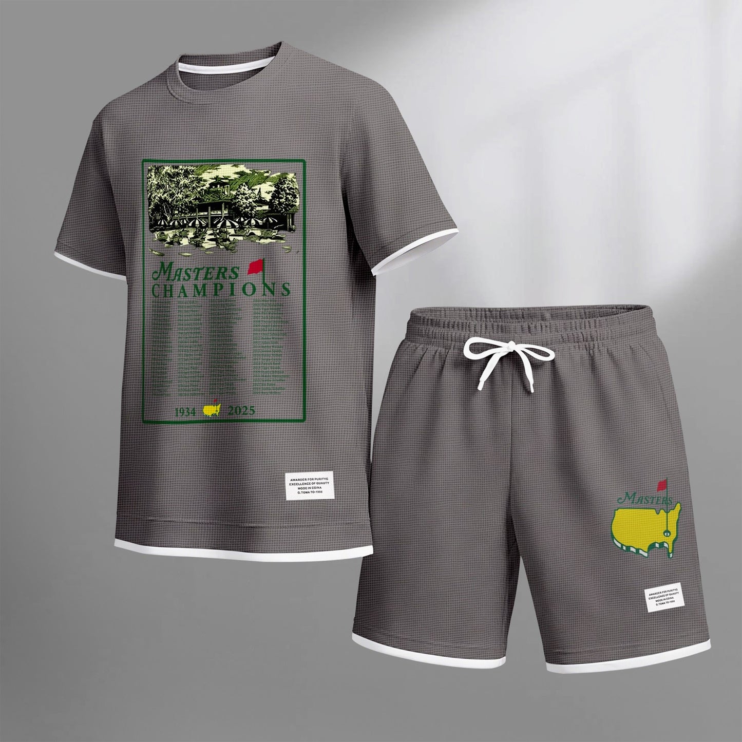 Men's Golf Club print drawstring shorts set for spring/summer, a casual summer outfit including a short-sleeved shirt and shorts, suitable for everyday wear and sports. A two-piece set for a relaxed and energetic lifestyle.