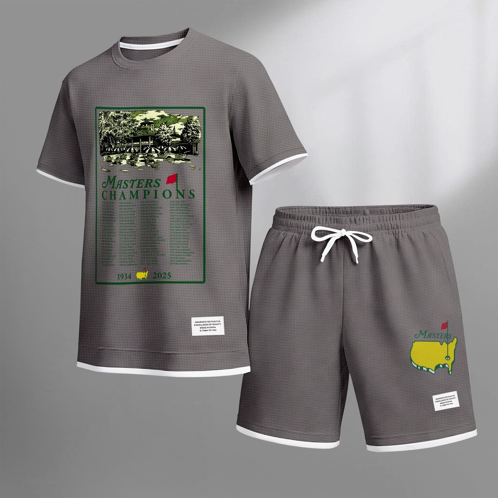 Men's Golf Club print drawstring shorts set for spring/summer, a casual summer outfit including a short-sleeved shirt and shorts, suitable for everyday wear and sports. A two-piece set for a relaxed and energetic lifestyle.