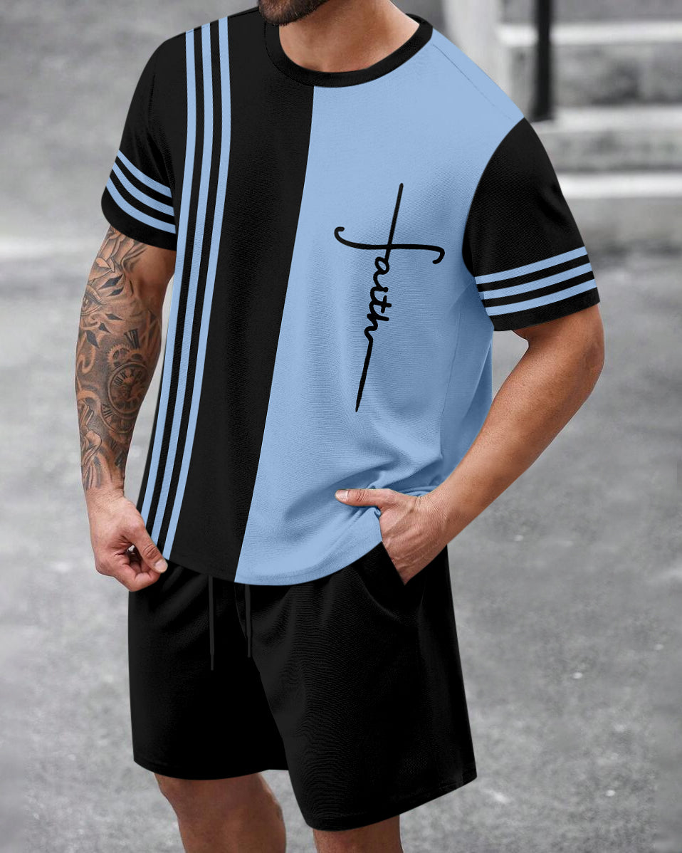 Men's Summer Colorblock Printed Round Neck Set 470