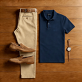 Men's Casual Navy Blue Polo Shirt And Khaki Pants Two-Piece Set M5121-!205401