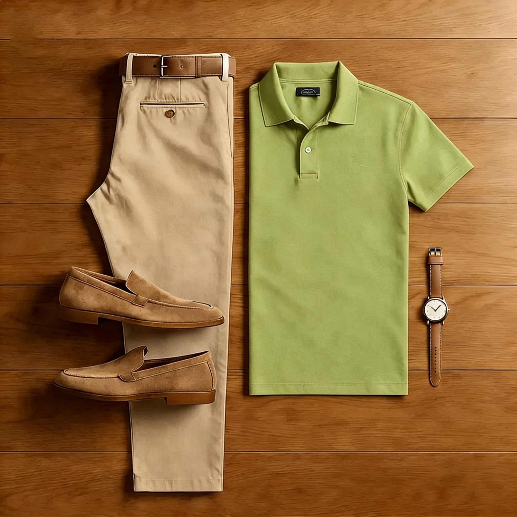 Men's Casual Green Polo Shirt And Khaki Pants Two-Piece Set