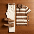 Men's Casual Brown Striped Polo Shirt And Off-white Pants Two-Piece Set