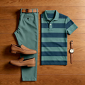 Men's Casual Green Striped Polo Shirt And Green Pants Two-Piece Set