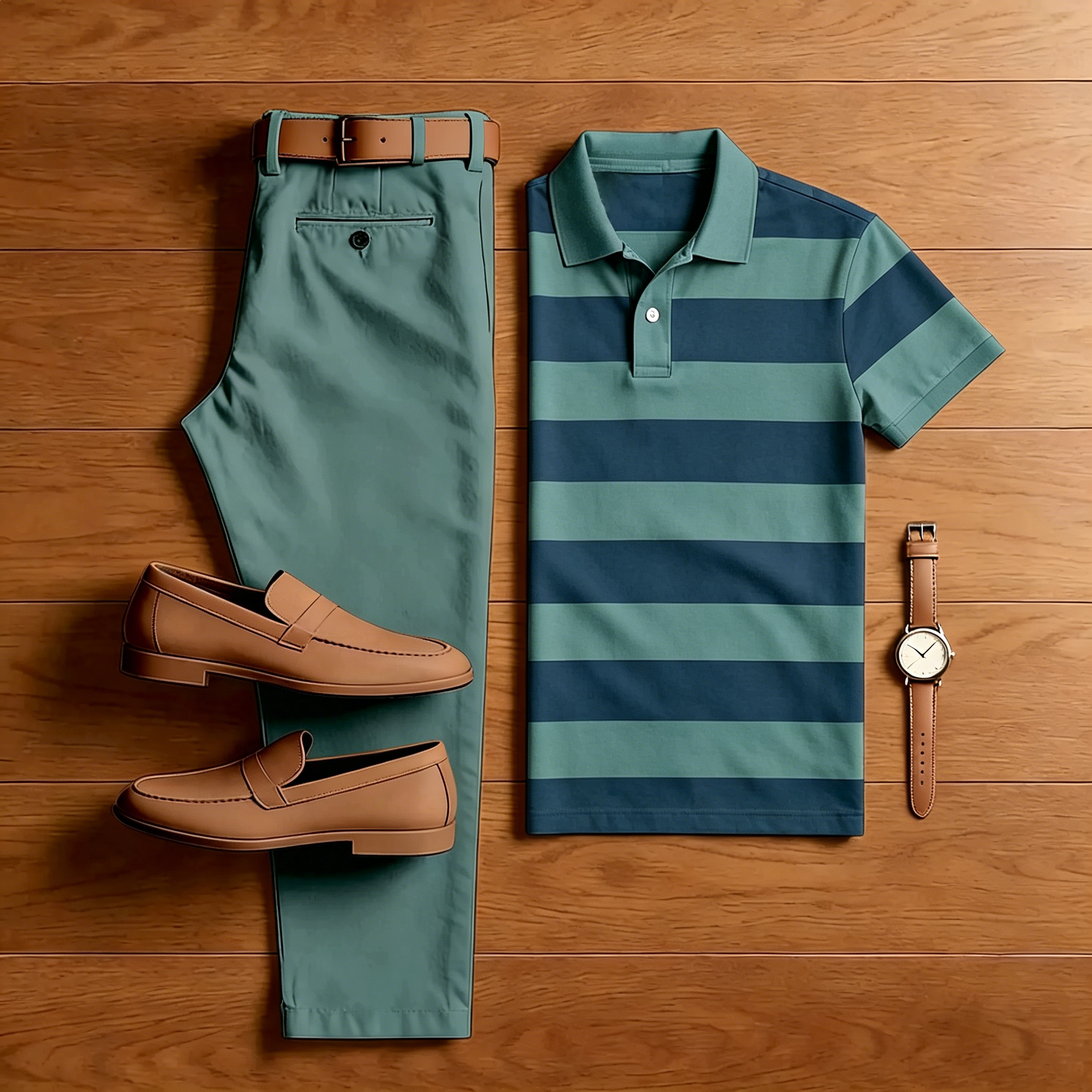 Men's Casual Green Striped Polo Shirt And Green Pants Two-Piece Set