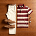 Men's Casual Maroon Striped Polo Shirt And Off-white Pants Two-Piece Set