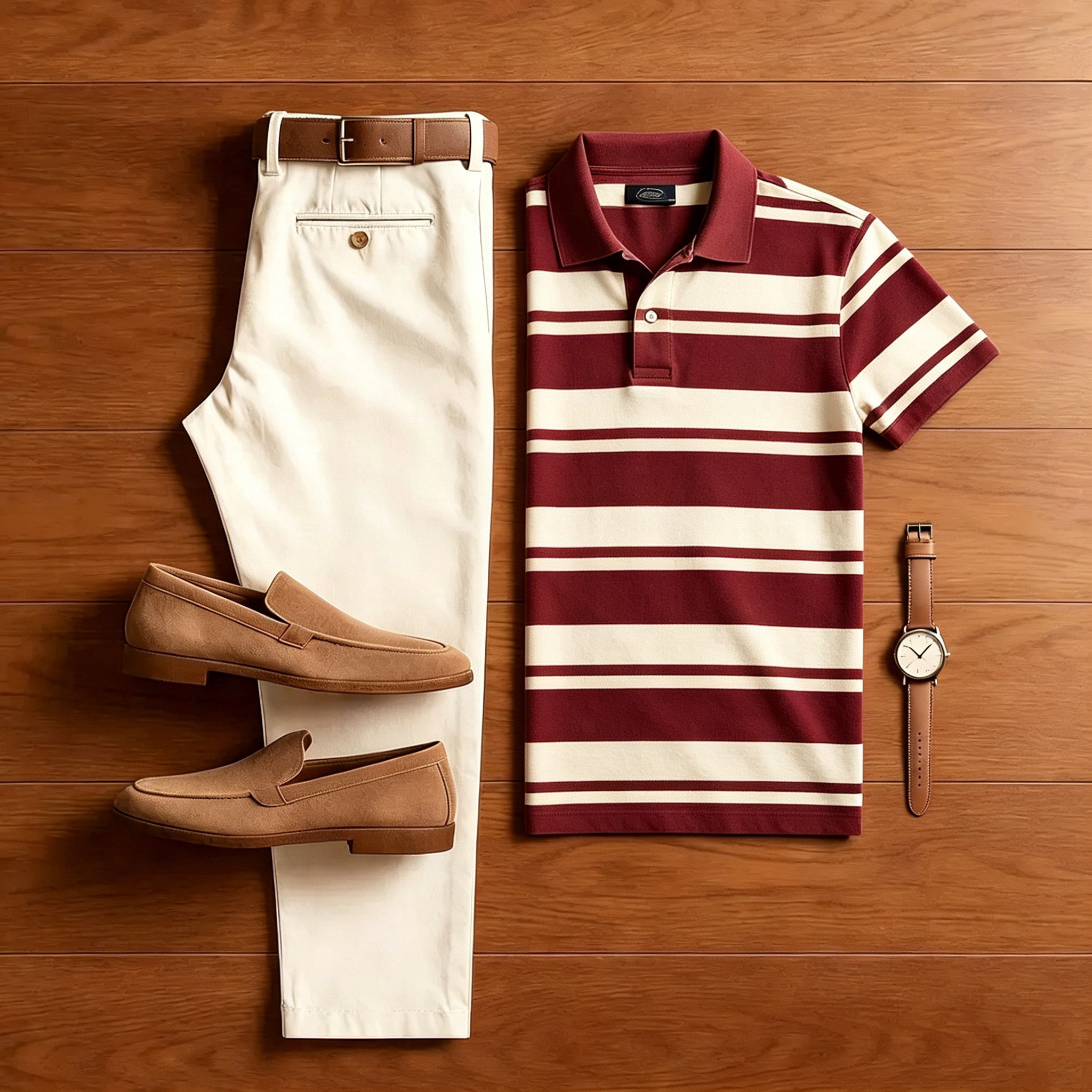 Men's Casual Maroon Striped Polo Shirt And Off-white Pants Two-Piece Set