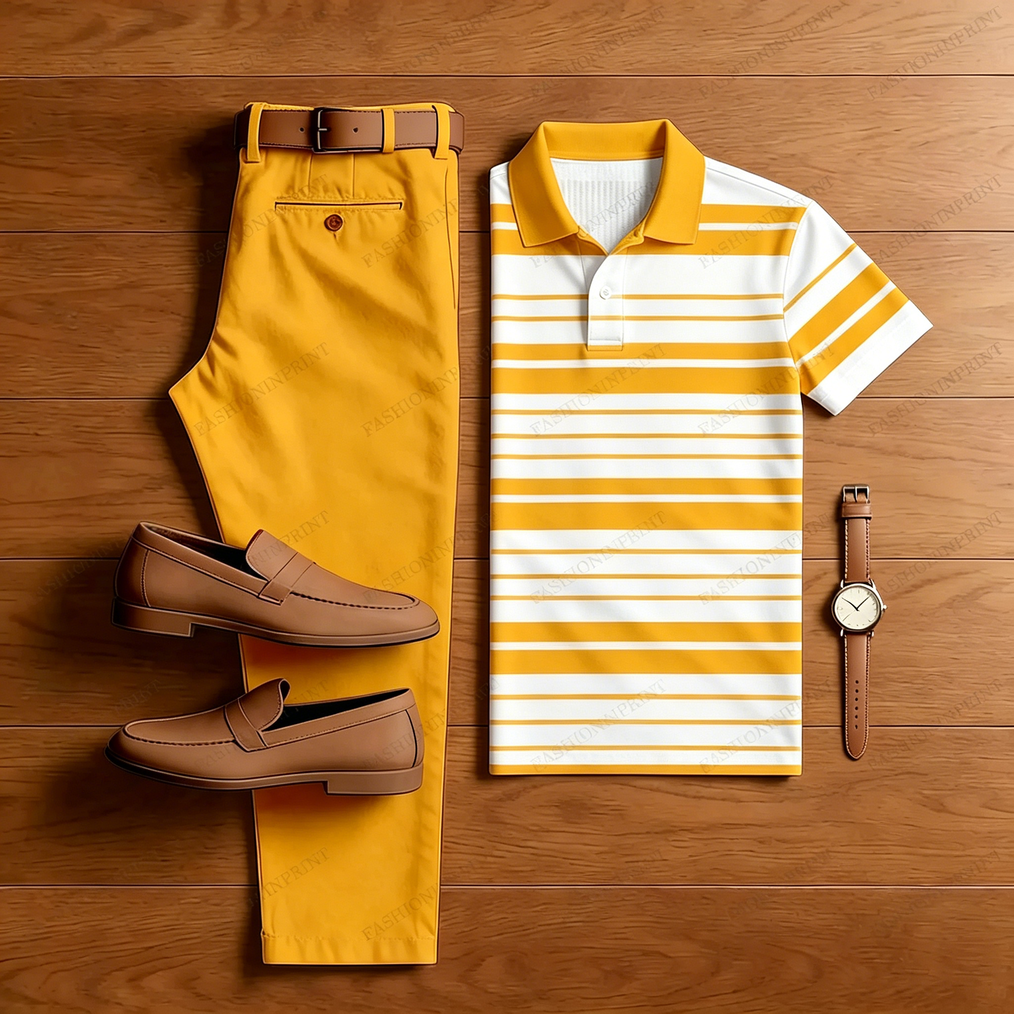 Men's Casual Yellow Striped Polo Shirt And Yellow Pants Two-Piece Set
