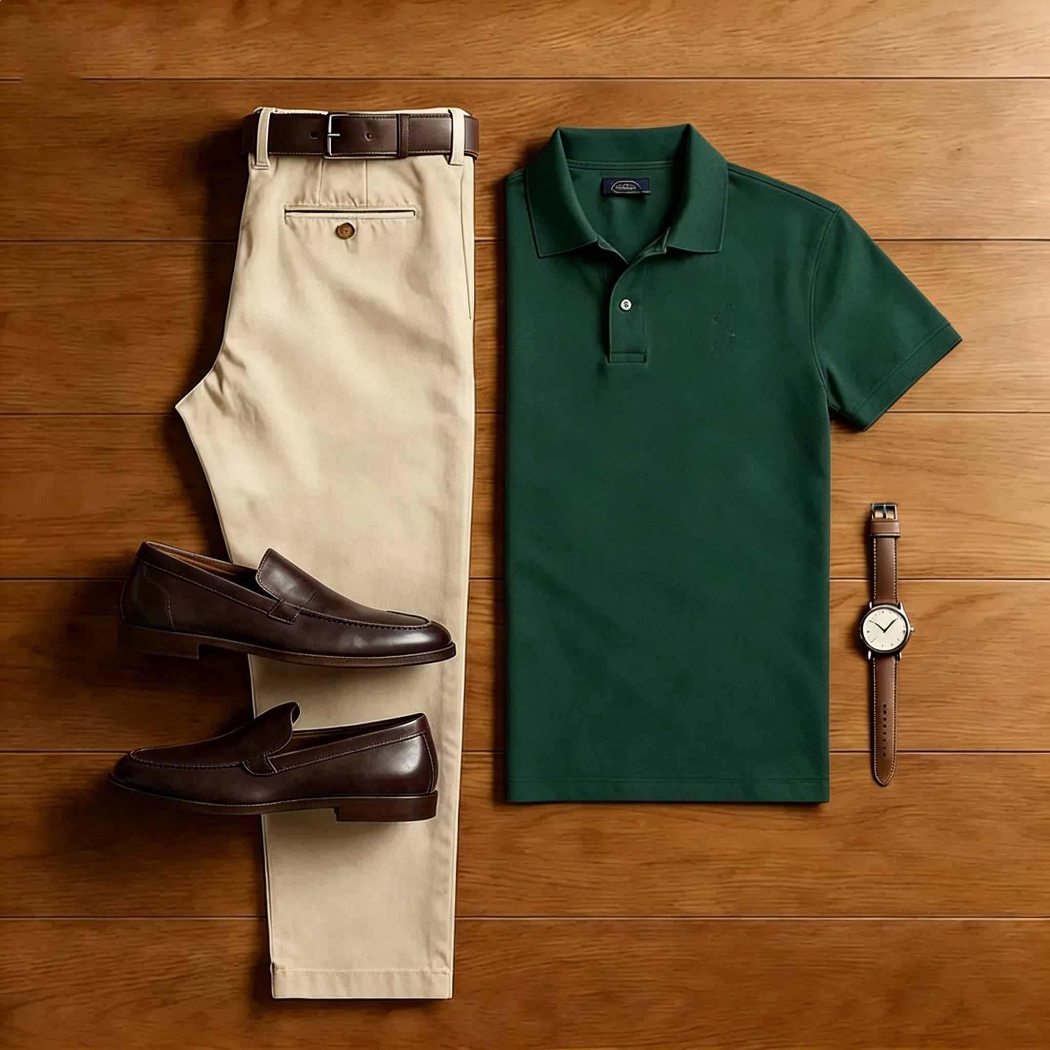 Men's Casual Dark Green Polo Shirt And Khaki Pants Two-Piece Set