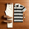 Men's Casual Black Striped  Polo Shirt And Off-white Pants Two-Piece Set