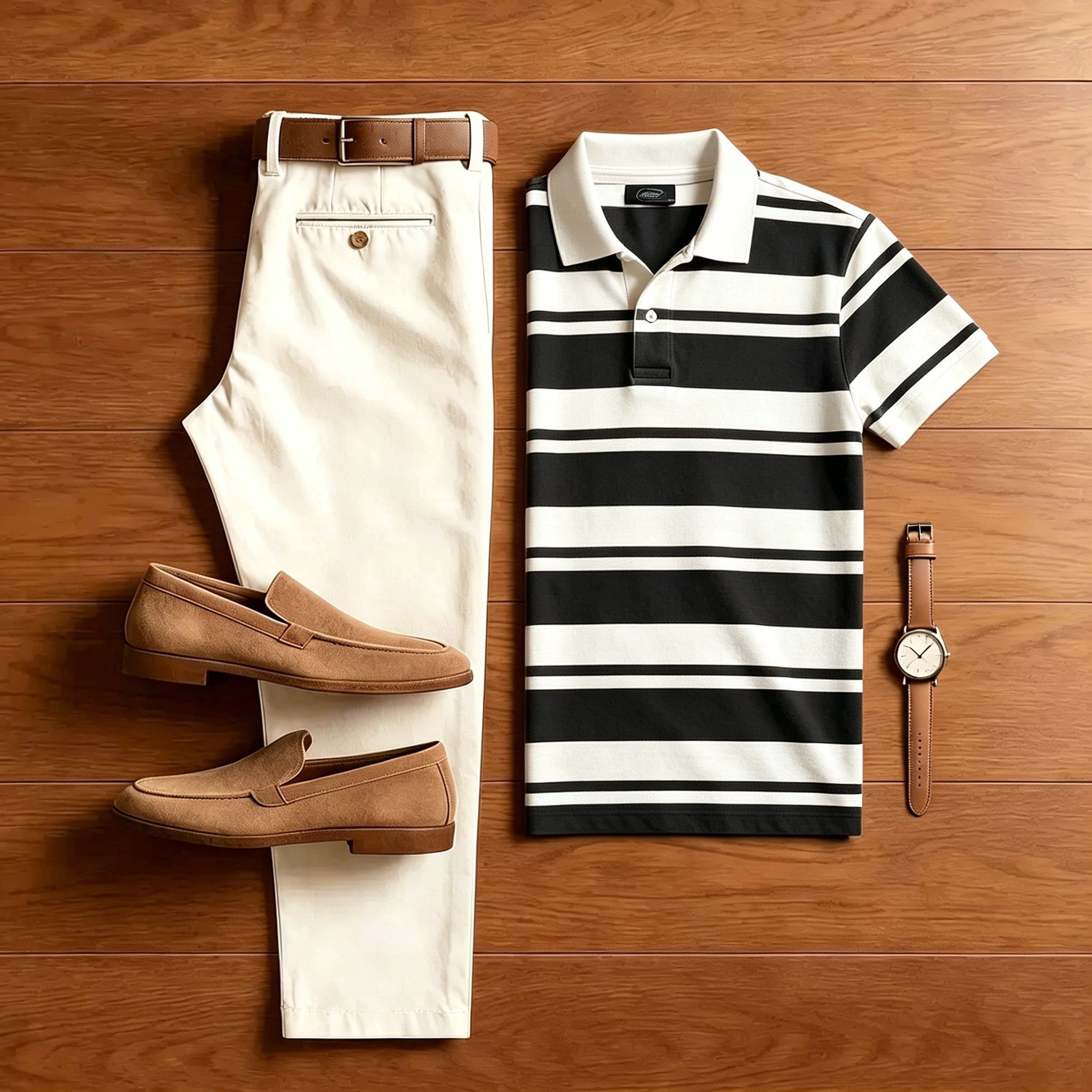 Men's Casual Black Striped  Polo Shirt And Off-white Pants Two-Piece Set