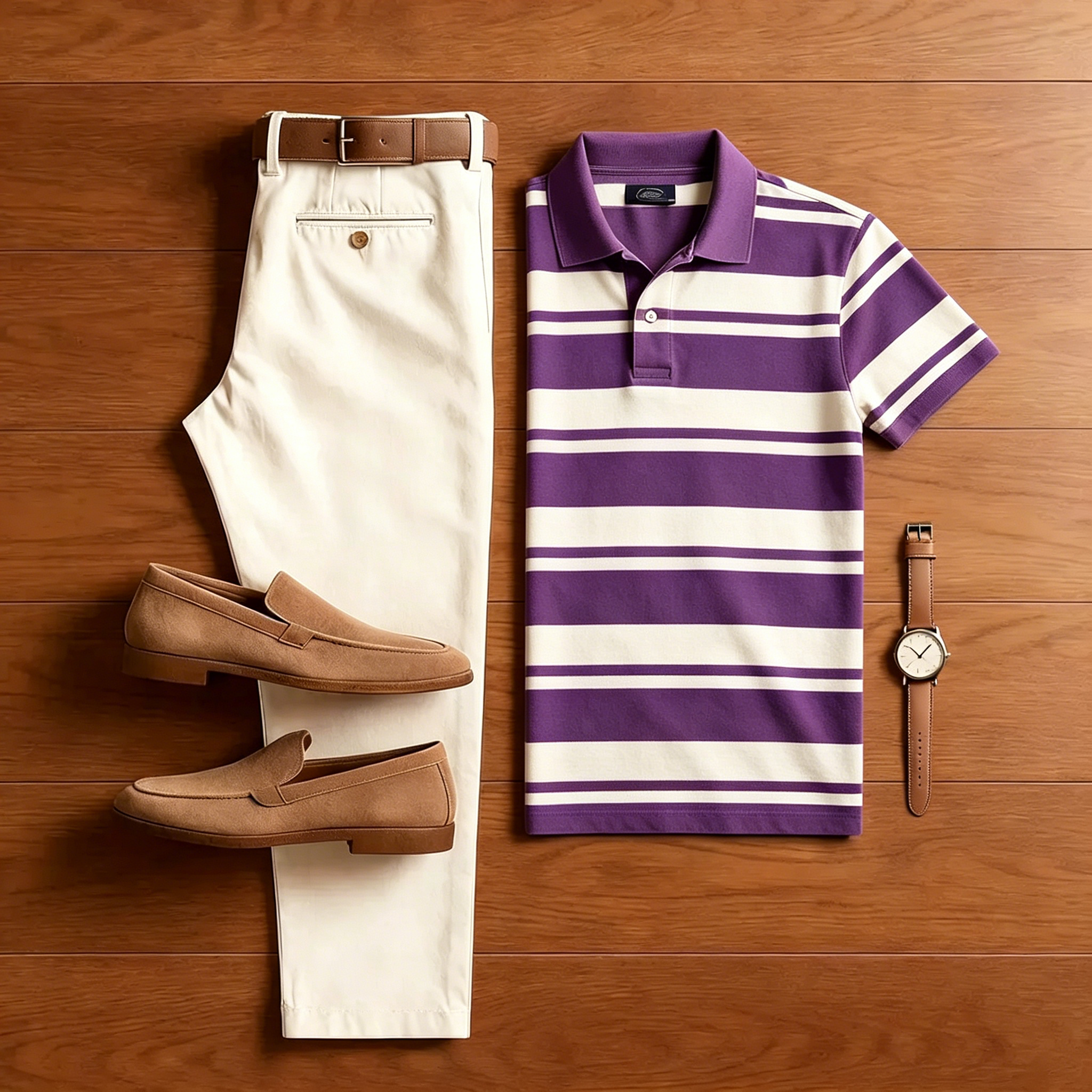 Men's Casual Purple Striped Polo Shirt And Off-white Pants Two-Piece Set