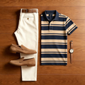 Men's Casual Navy Blue Striped  Polo Shirt And Off-white Pants Two-Piece Set