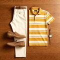 Men's Casual Yellow Striped  Polo Shirt And Off-white Pants Two-Piece Set