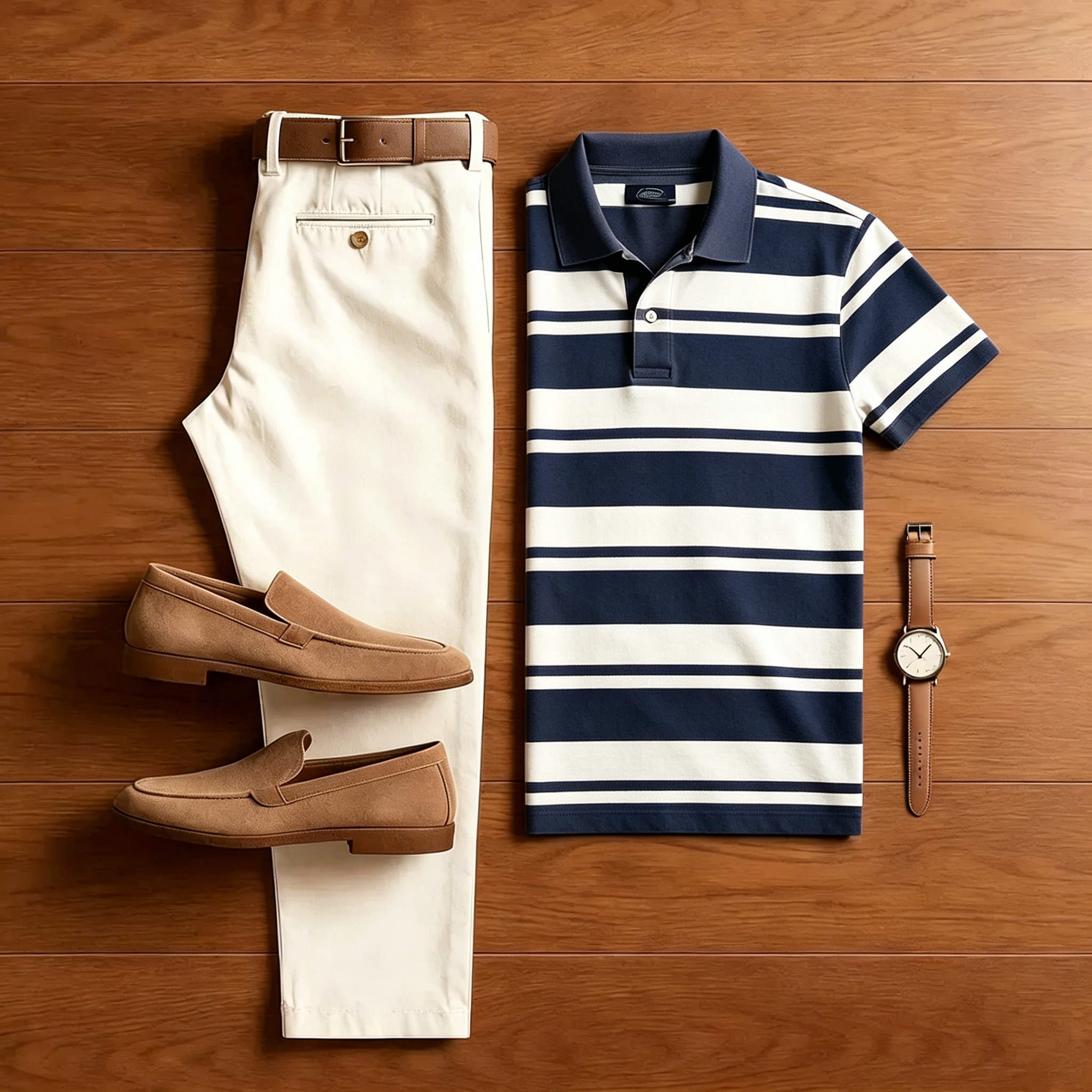 Men's Casual Navy Blue Striped  Polo Shirt And Off-white Pants Two-Piece Set
