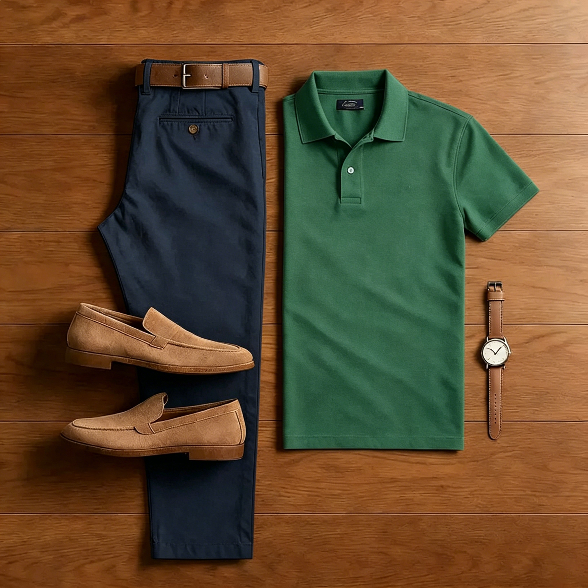 Men's Casual Green Polo Shirt And Navy Blue Pants Two-Piece Set