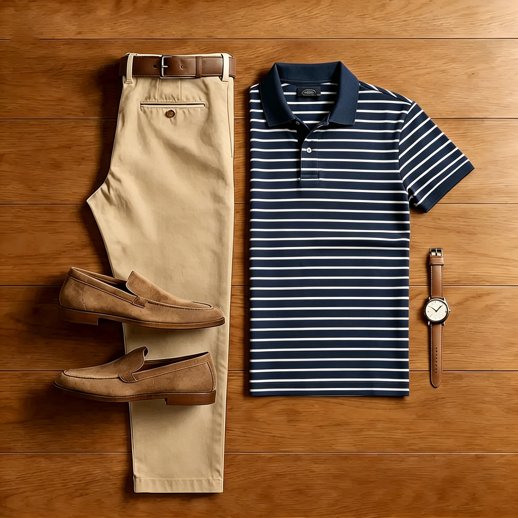 Men's Casual Navy Blue Striped Polo Shirt And Khaki Pants Two-Piece Set