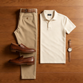 Men's Casual Pale Beige Polo Shirt And Khaki Pants Two-Piece Set