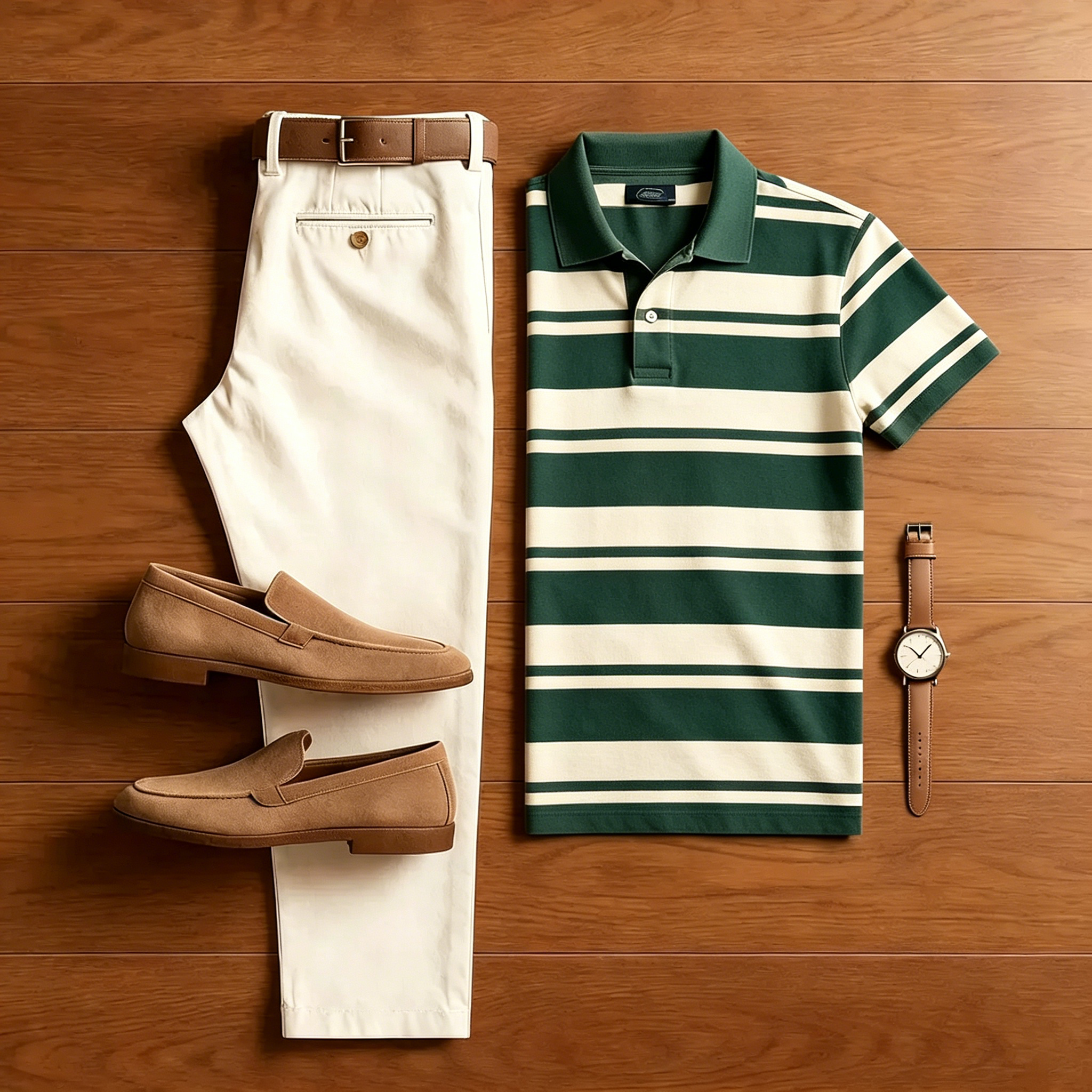 Men's Casual Green Striped Polo Shirt And Off-white Pants Two-Piece Set