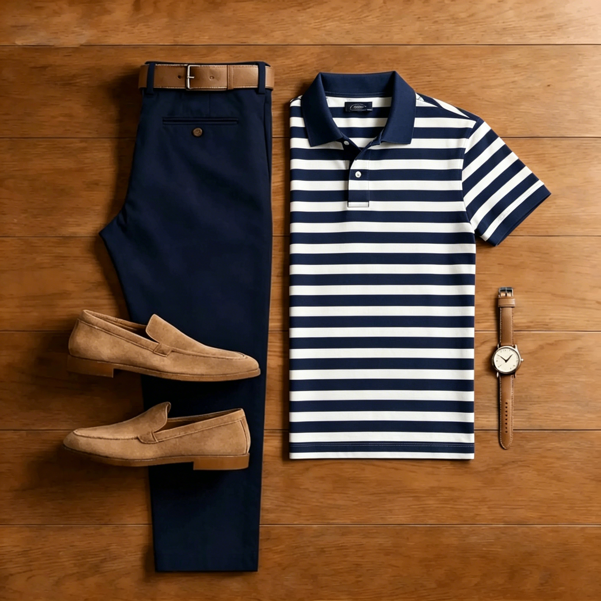 Men's Casual Navy Blue Striped Polo Shirt And Pants Two-Piece Set