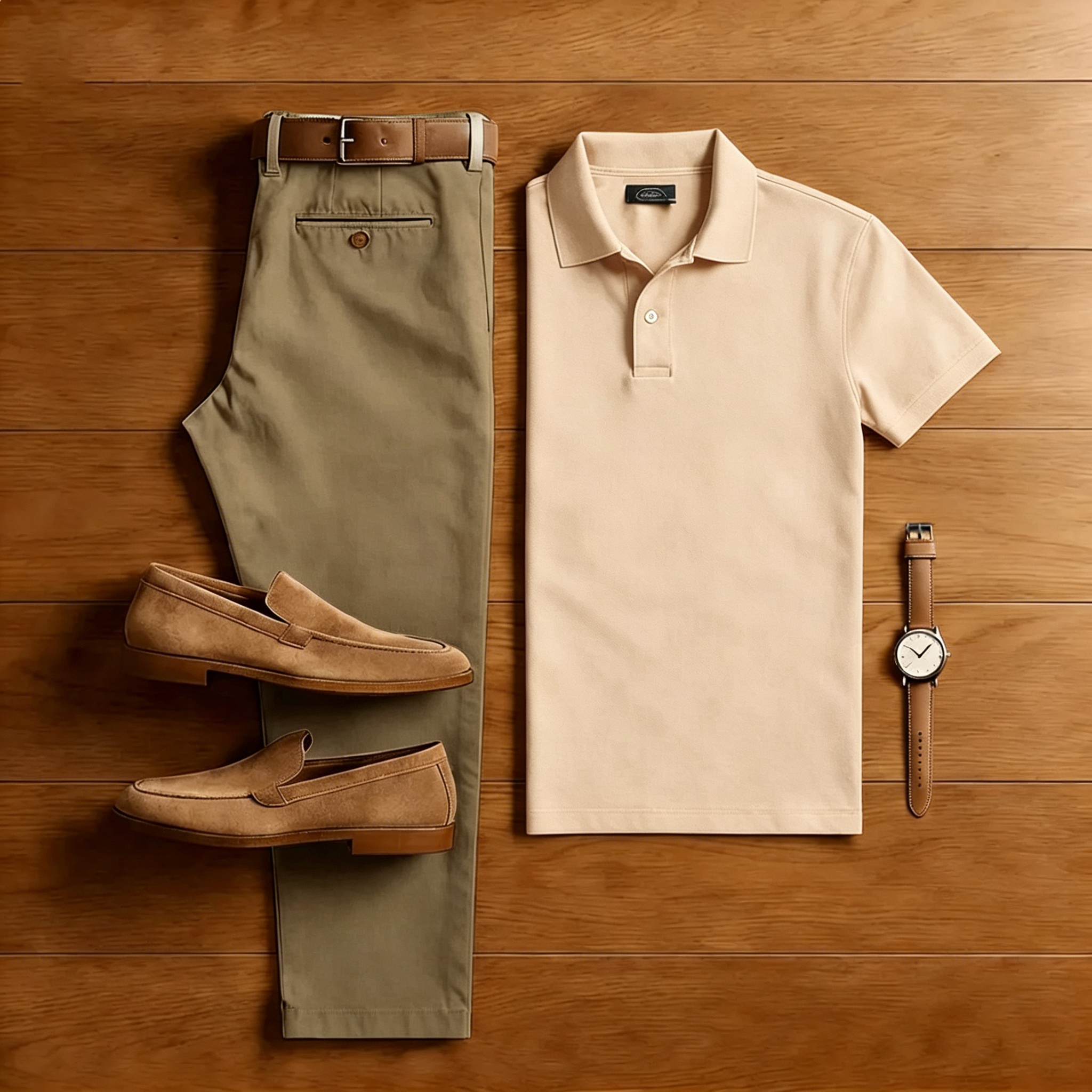 Men's Casual Pale Beige Polo Shirt And Olive Chinos Pants Two-Piece Set