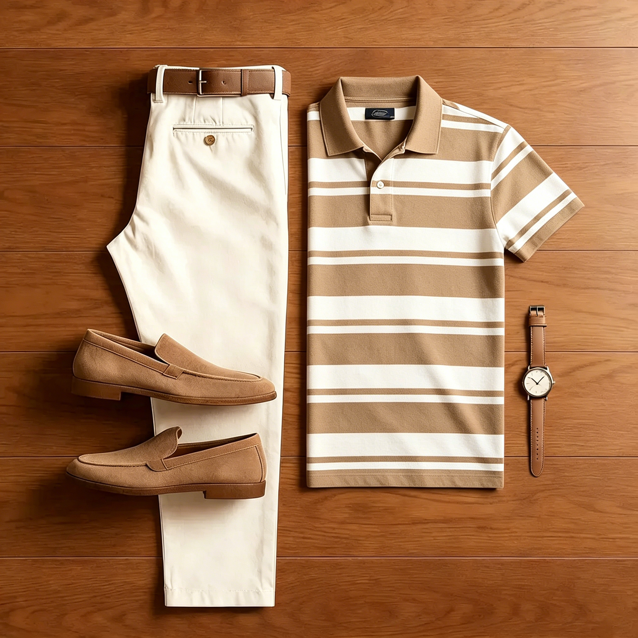 Men's Casual Tan Striped Polo Shirt And Off-white Pants Two-Piece Set
