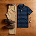Men's Casual Navy Blue Striped Polo Shirt And Beige Pants Two-Piece Set