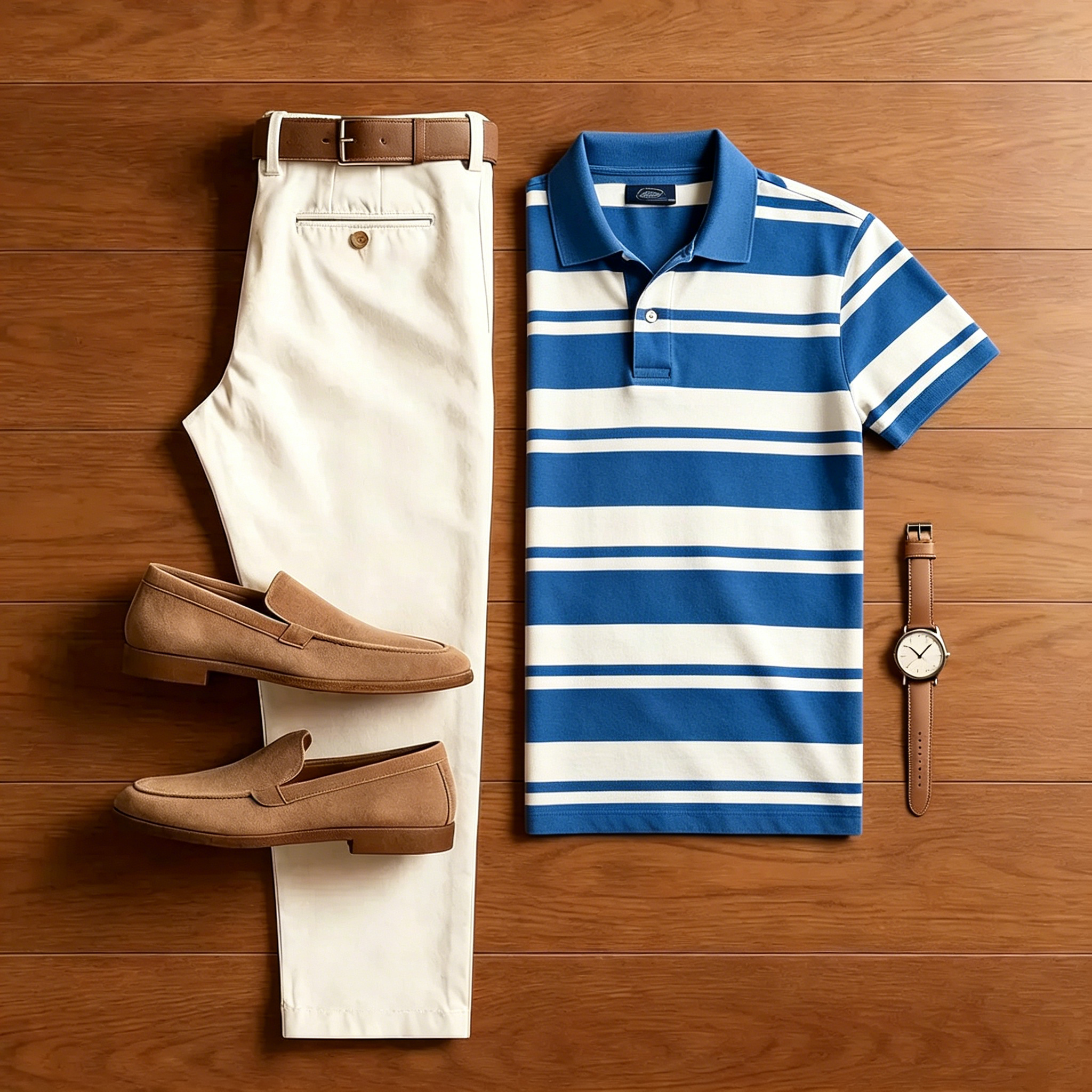 Men's Casual Blue Striped Polo Shirt And Off-white Pants Two-Piece Set
