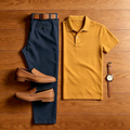 Men's Casual Mustard Polo Shirt And Navy Blue Pants Two-Piece Set