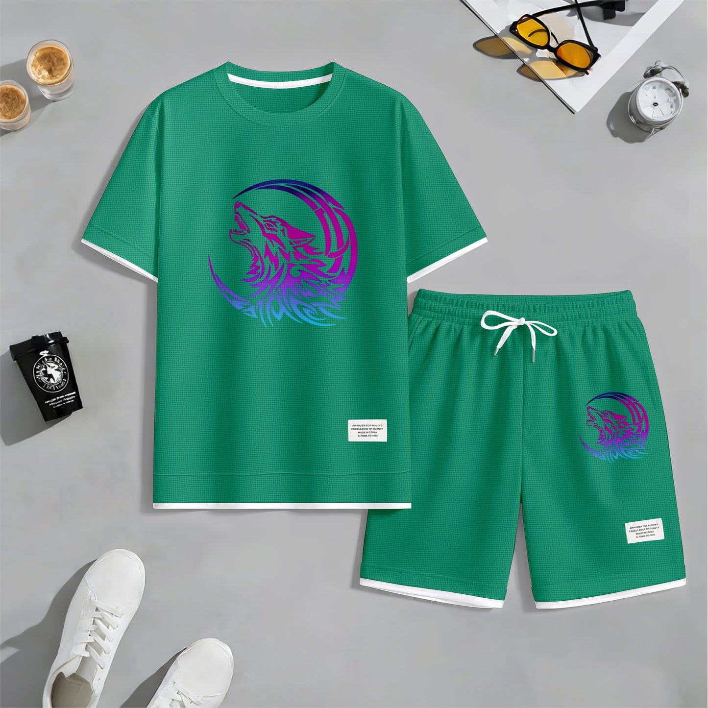 Men's Gradient Wolf & Moon Graphic Print Waffle Short Sleeve T-Shirt & Shorts Set, Summer Lightweight Sporty Casual Two-Piece Outfit, Streetwear for Gym & Daily Wear