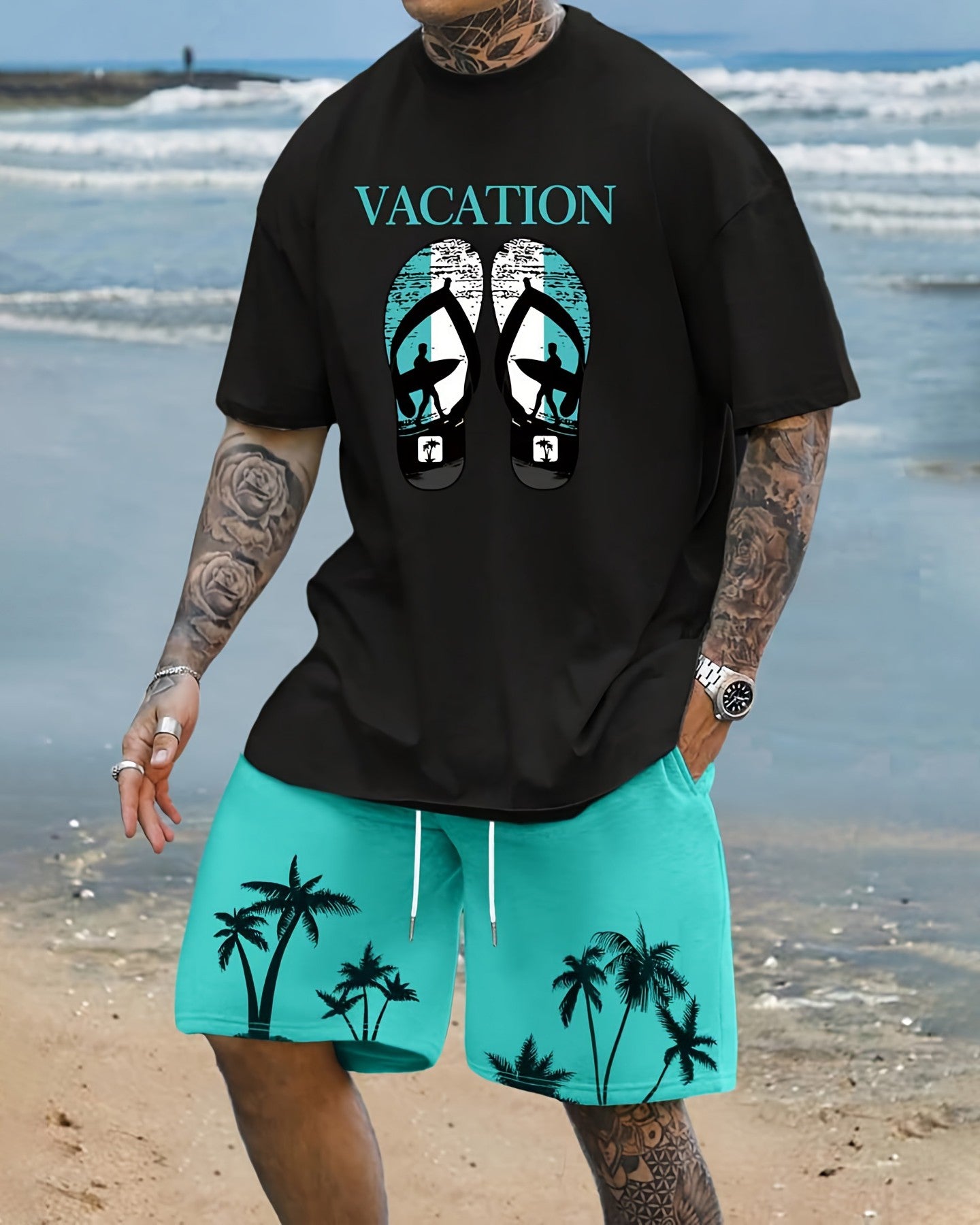 Men's Summer Vacation Round Neck Set 202