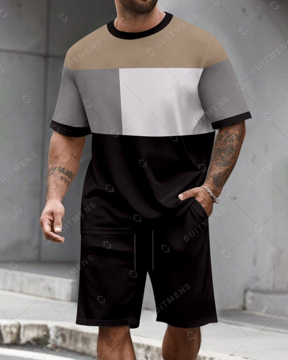 Men's Summer Colorblock Printed Round Neck Set 489
