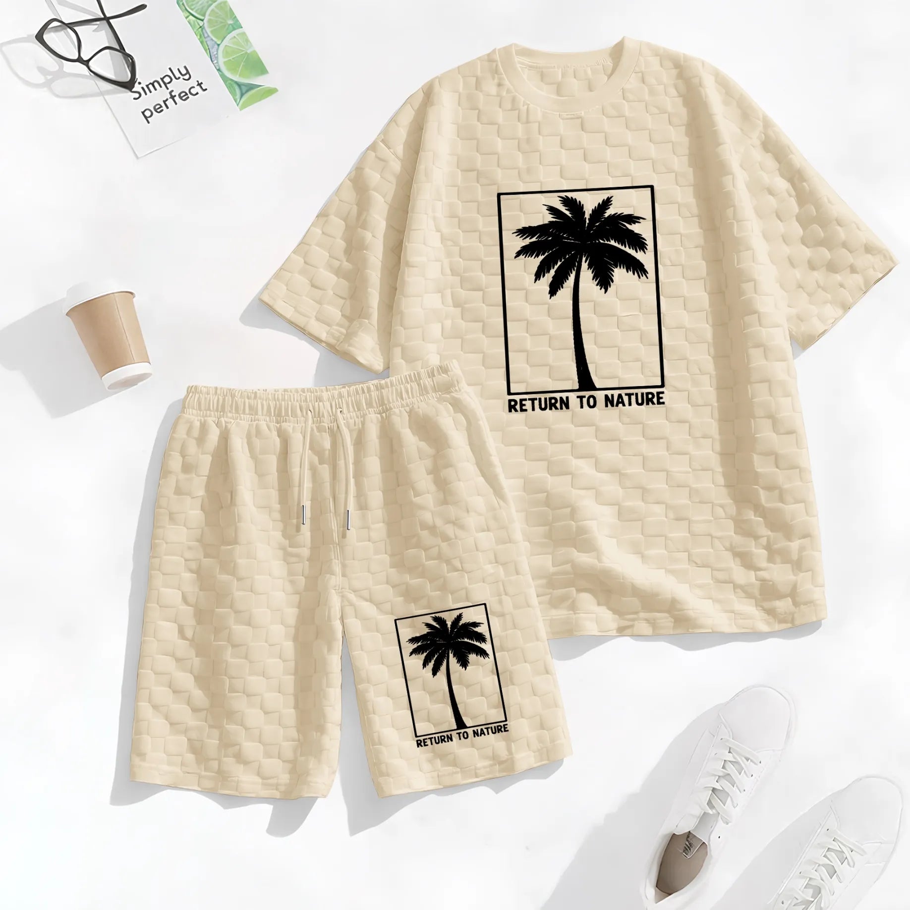 Men's Palm Print Spring And Summer Drawstring Shorts Set, A Casual Summer Outfit, Including A Short-Sleeved Shirt And Shorts, Suitable For Everyday Wear And Sports Activities.