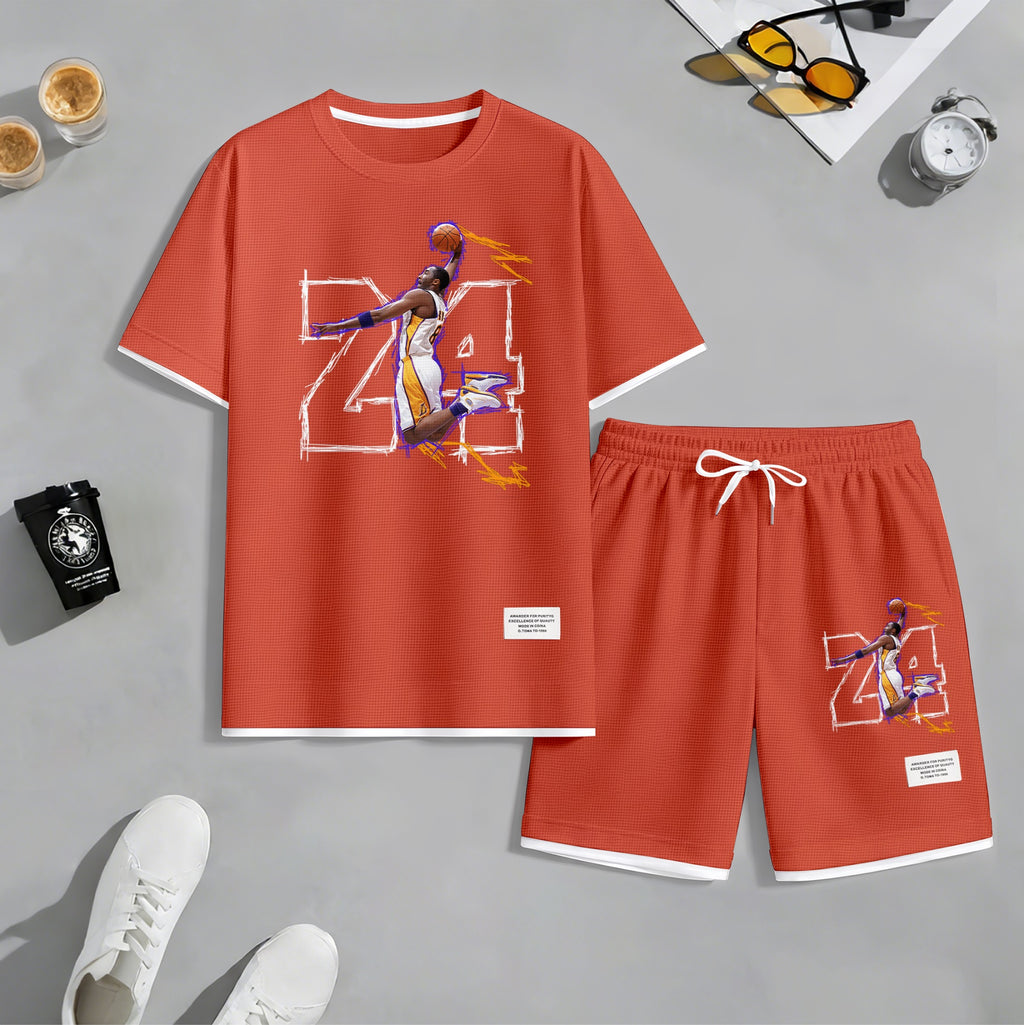 Men's No.24 Basketball Dunk Art Print Short Sleeve T-Shirt & Shorts Set, Summer Lightweight Waffle Sporty Casual Two-Piece Outfit, Streetwear for Basketball, Gym & Daily Wear