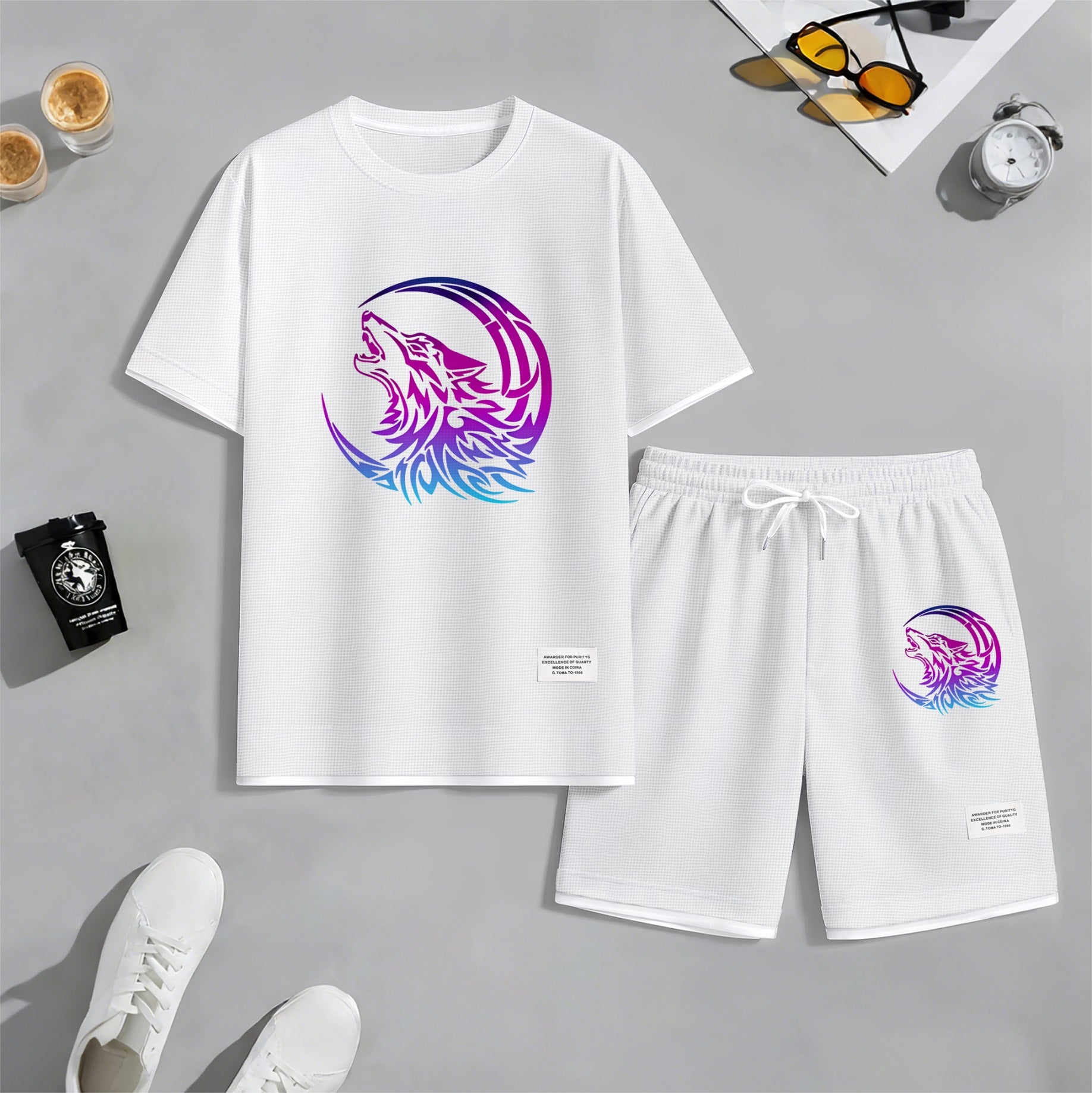 Men's Gradient Wolf & Moon Graphic Print Waffle Short Sleeve T-Shirt & Shorts Set, Summer Lightweight Sporty Casual Two-Piece Outfit, Streetwear for Gym & Daily Wear