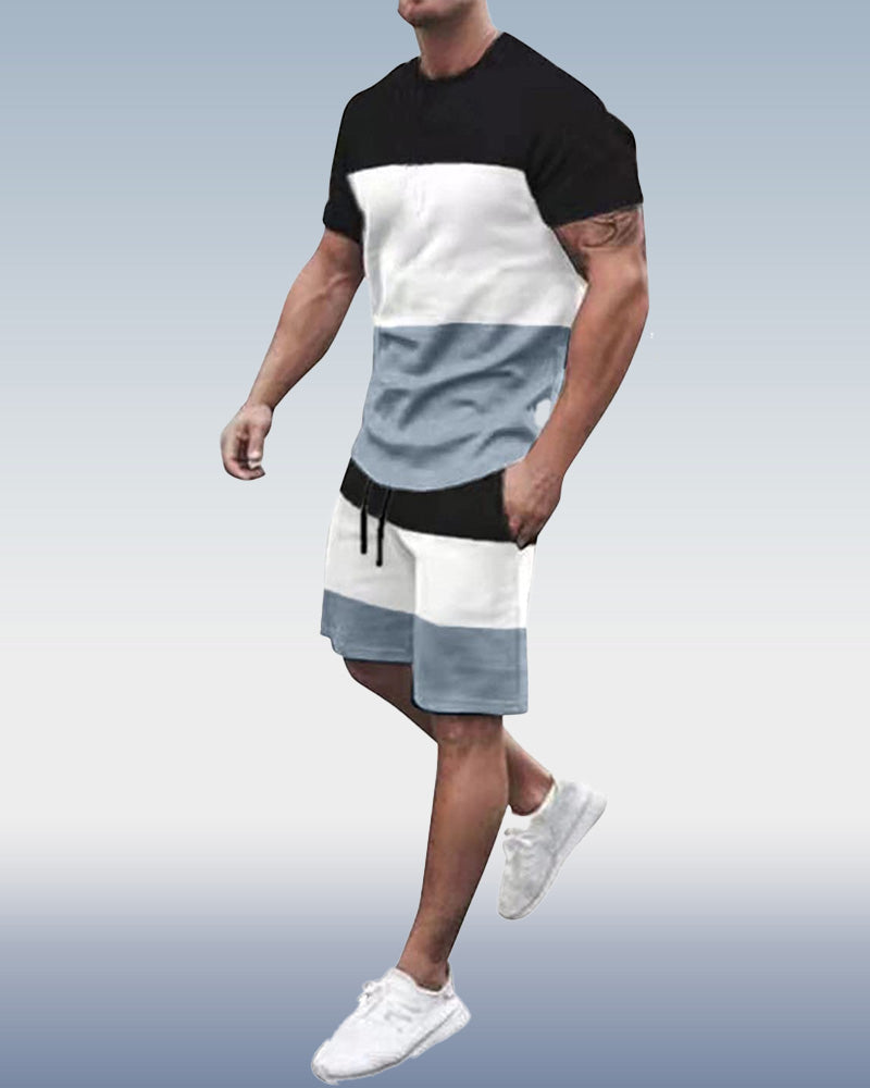 Suitmens Men's Simple Colorblock Print Shorts Set 078