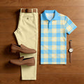 Men's Casual Blue & White Checkered Printed Polo Shirt And Pants Two-Piece Set