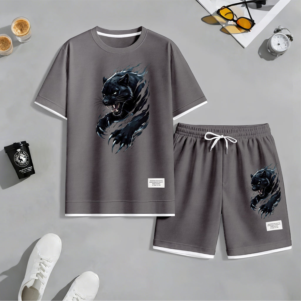 Men's Black Panther Graphic Print Waffle Short Sleeve T-Shirt & Shorts Set, Summer Lightweight Sporty Casual Two-Piece Outfit, Streetwear for Gym & Daily Wear