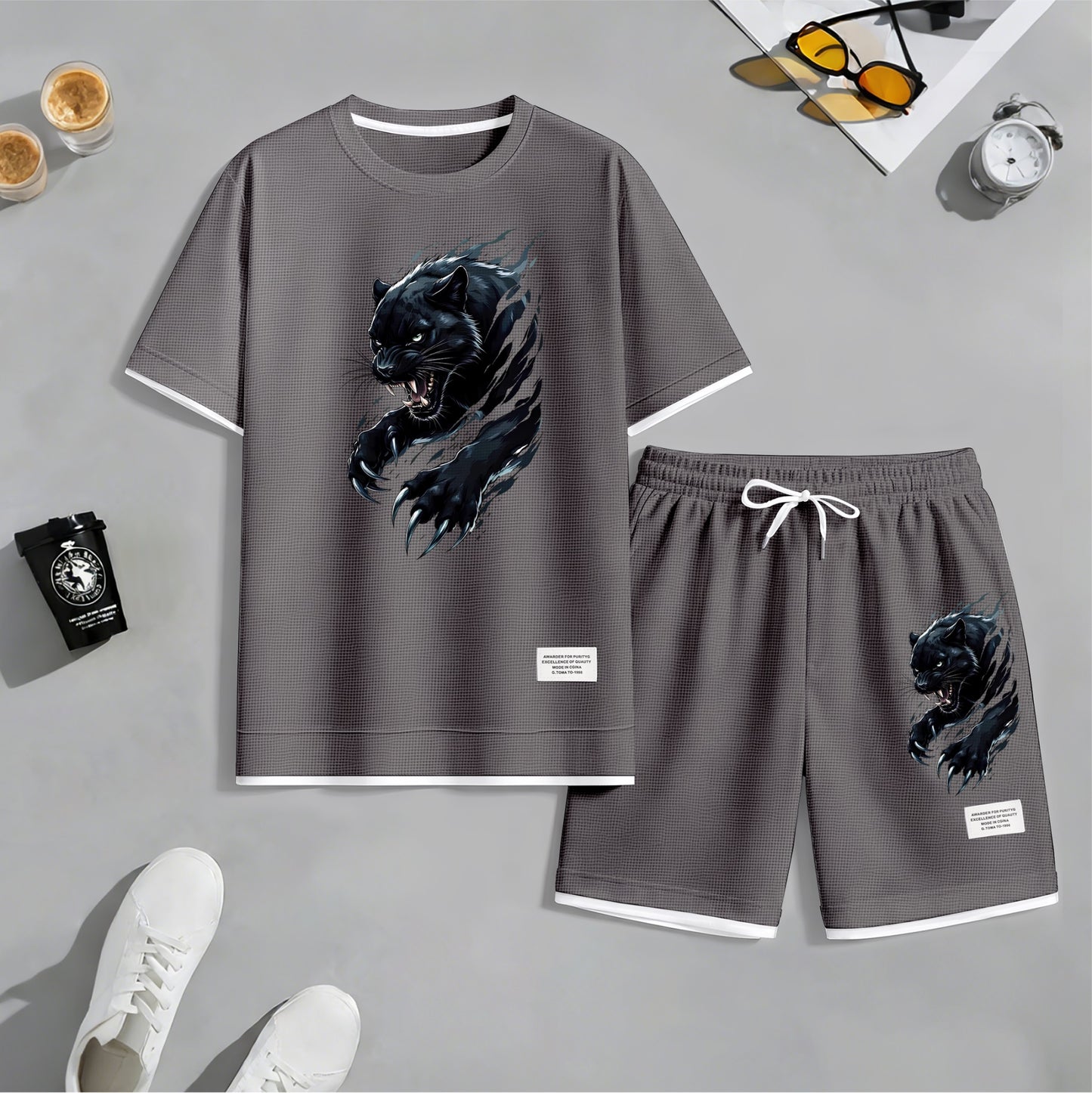 Men's Black Panther Graphic Print Waffle Short Sleeve T-Shirt & Shorts Set, Summer Lightweight Sporty Casual Two-Piece Outfit, Streetwear for Gym & Daily Wear