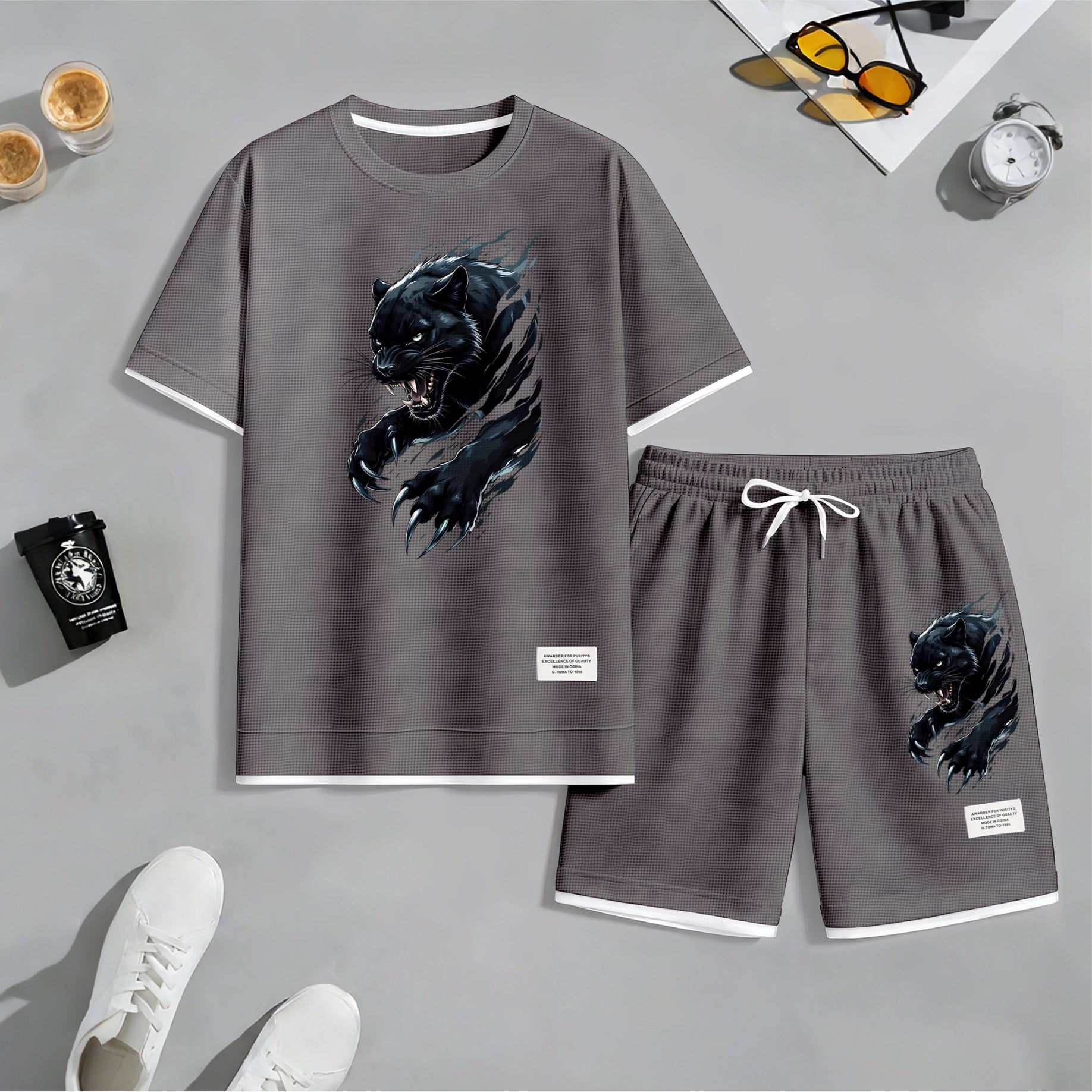 Men's Black Panther Graphic Print Waffle Short Sleeve T-Shirt & Shorts Set, Summer Lightweight Sporty Casual Two-Piece Outfit, Streetwear for Gym & Daily Wear
