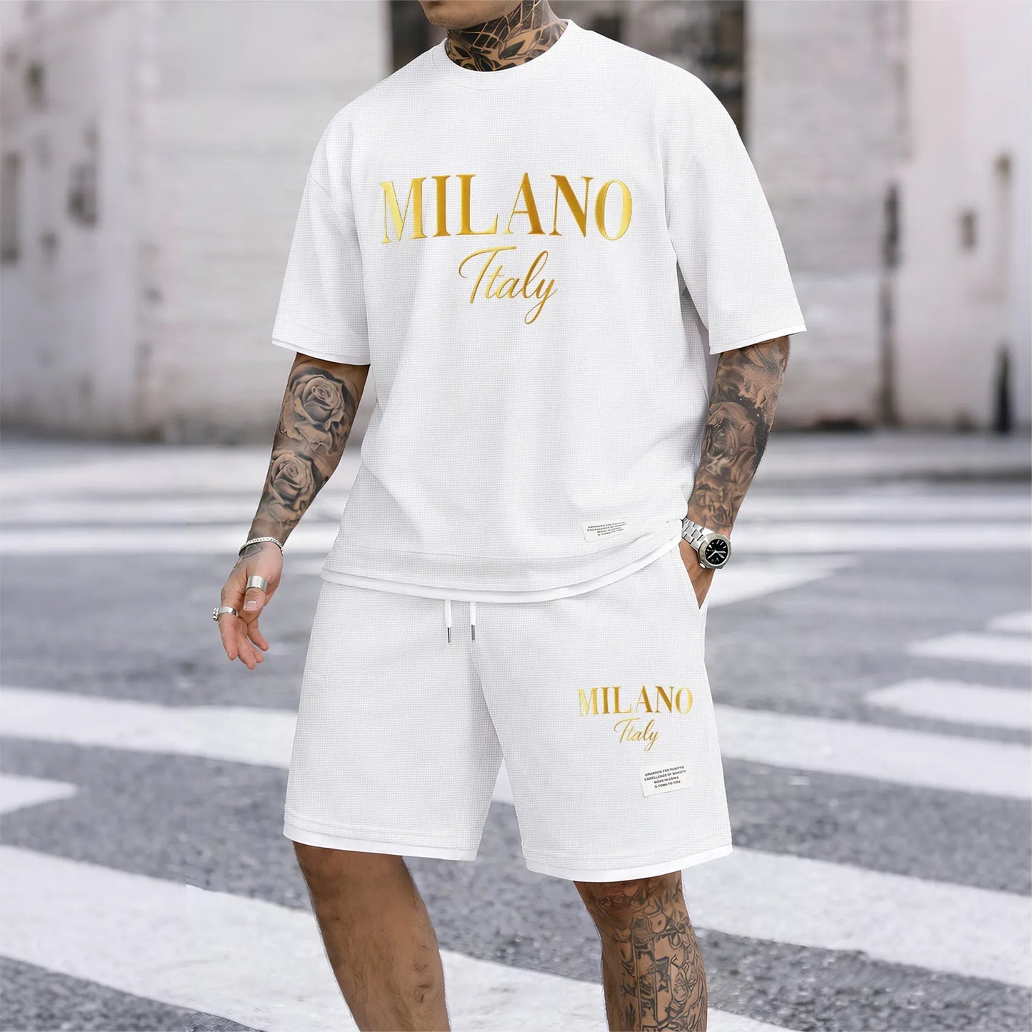 Men's Milano Graphic Print Short Sleeve Shirt and Drawstring Shorts Set, Casual Summer Two-Piece Outfit, Lightweight Breathable Relaxed Fit Athletic Set for Daily Wear, Beach, Vacation, Travel & Loungewear