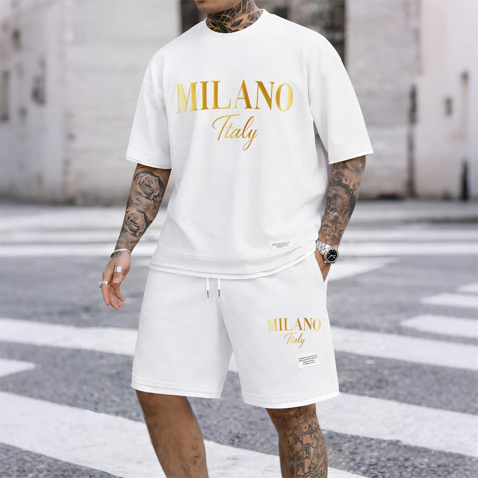 Men's Milano Graphic Print Short Sleeve Shirt and Drawstring Shorts Set, Casual Summer Two-Piece Outfit, Lightweight Breathable Relaxed Fit Athletic Set for Daily Wear, Beach, Vacation, Travel & Loungewear