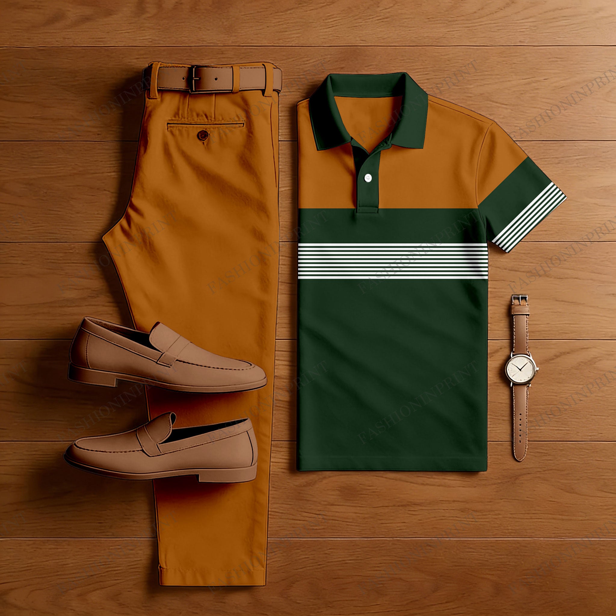 Men's Casual Brown & Green Stripes Printed Polo Shirt And Pants Two-Piece Set