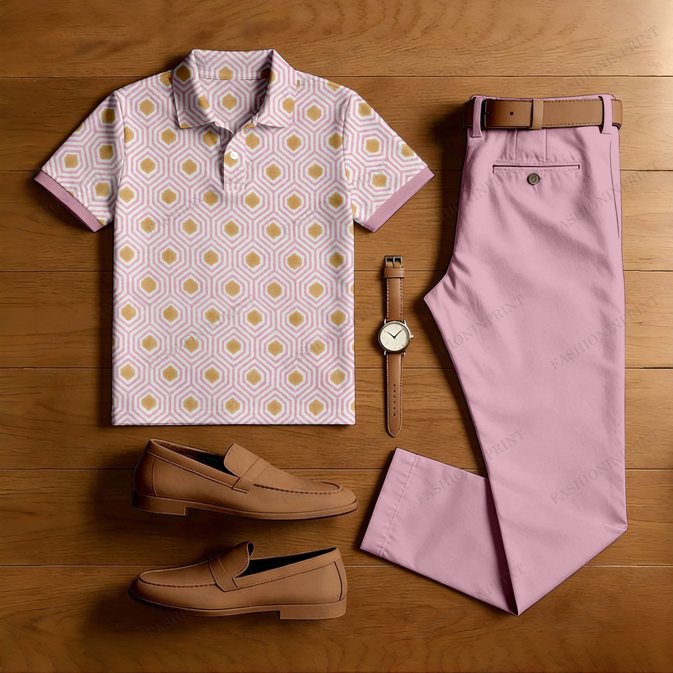 Men's Casual Pink Gold Plaid Printed Polo Shirt And Pants Two-Piece Set