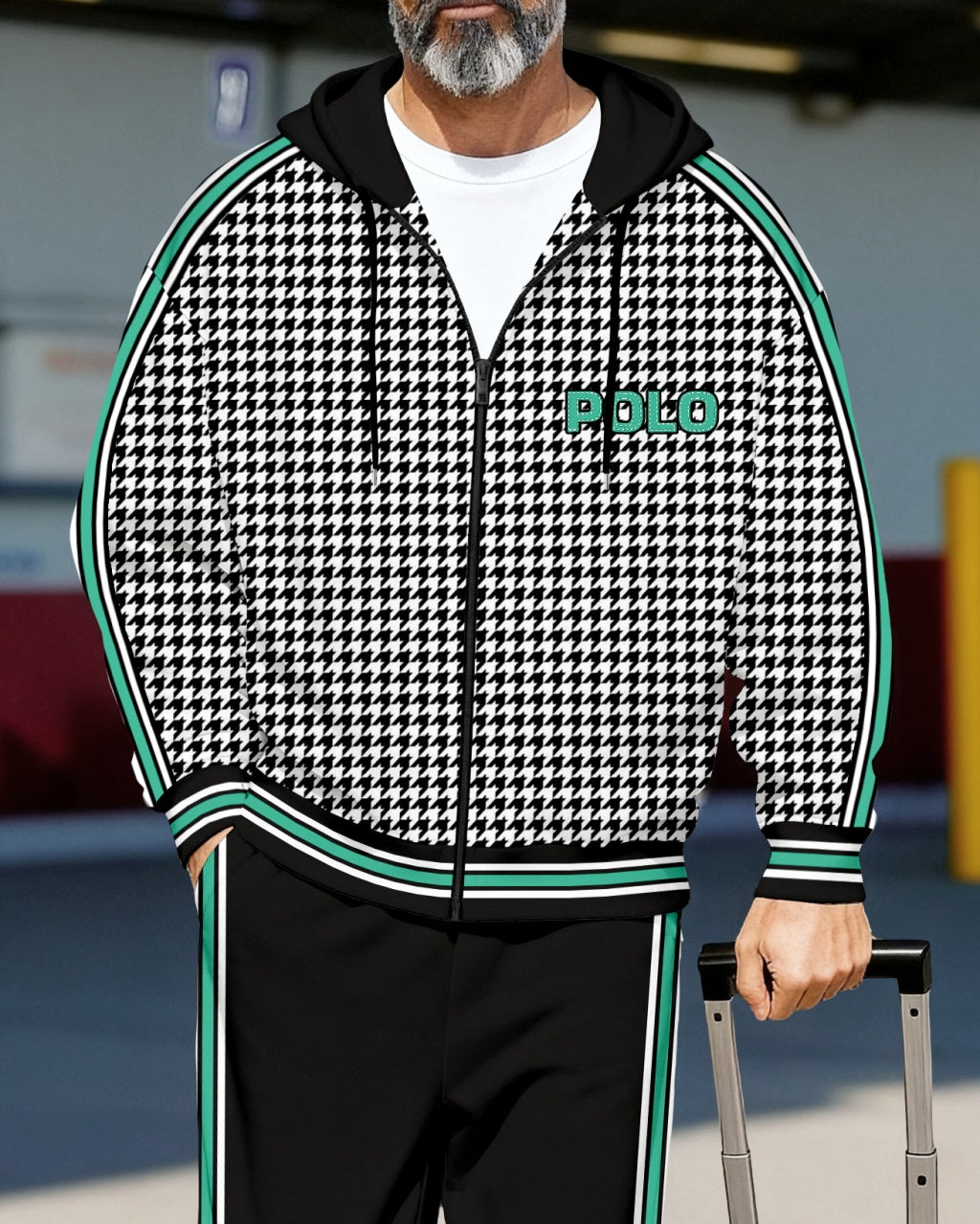 Men's Retro Luxury Thickened Fleece Colorblock Jacket Sports Hoodie Set 07
