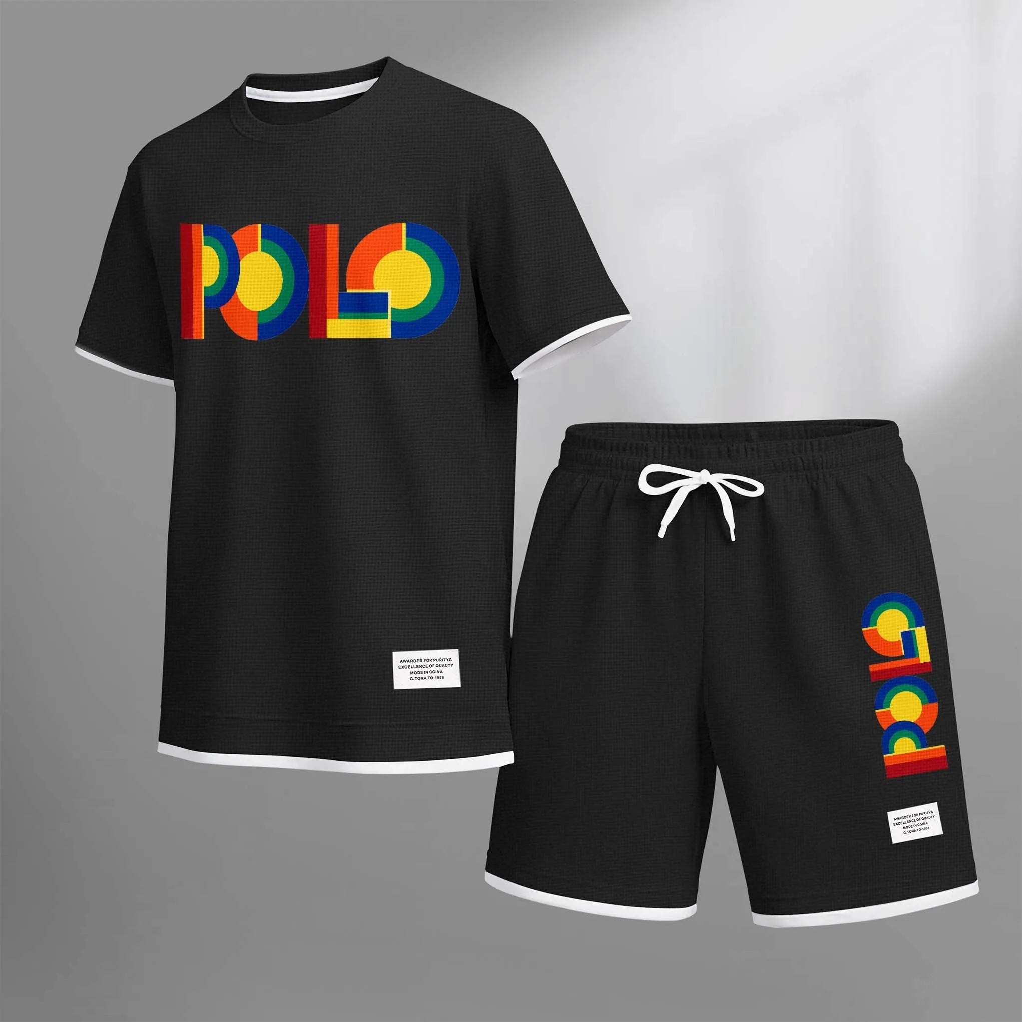 Men's Polo Print Drawstring Shorts Set For Spring/Summer. A Casual Summer Outfit, Including A Short-Sleeved Shirt And Shorts, Suitable For Everyday Wear And Sports. A Two-Piece Set For A Relaxed And Energetic Lifestyle.