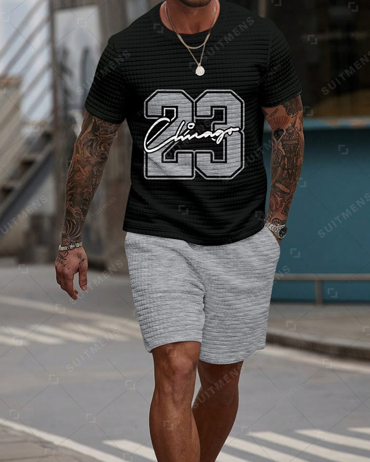 Men's Casual Waffle Textured Summer Round Neck Short Sleeve Shorts Set 003