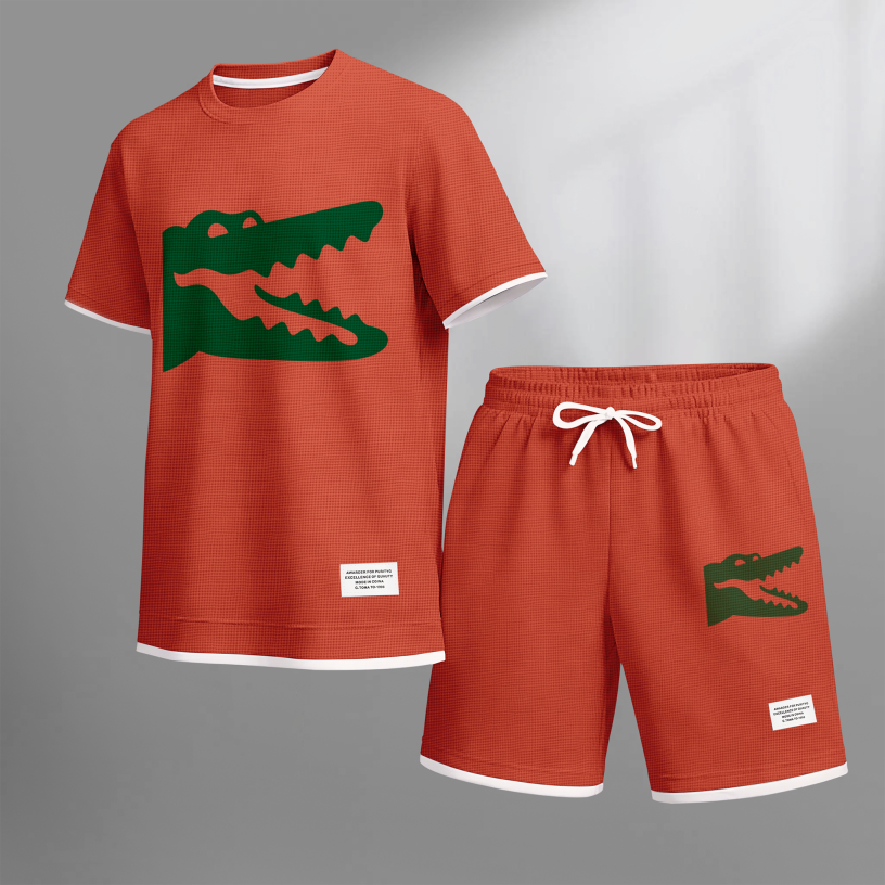 Men's Casual Style Crocodile Print Waffle Fabric Short-Sleeved Shirt And Shorts Set